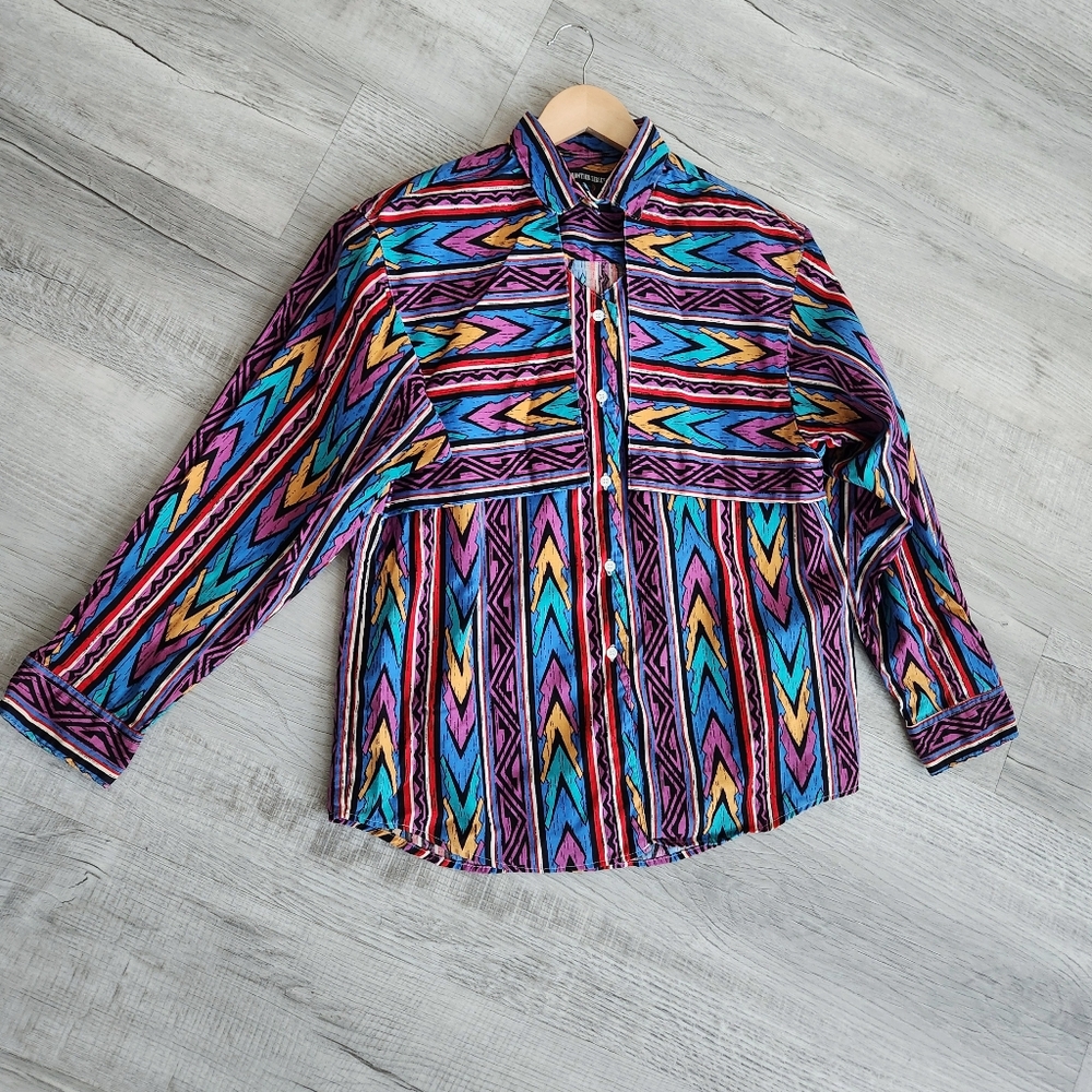Vintage 80s Frontier Series Western Long Sleeve Button Aztec Shirt Womens L / XL